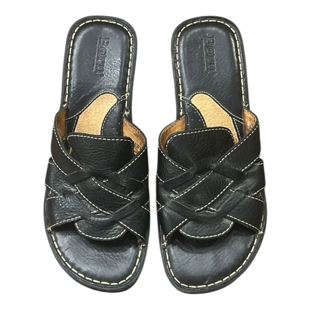 Born Folly Slip On Black Learher Wedge Sandals Size 8 - Picture 4 of 11